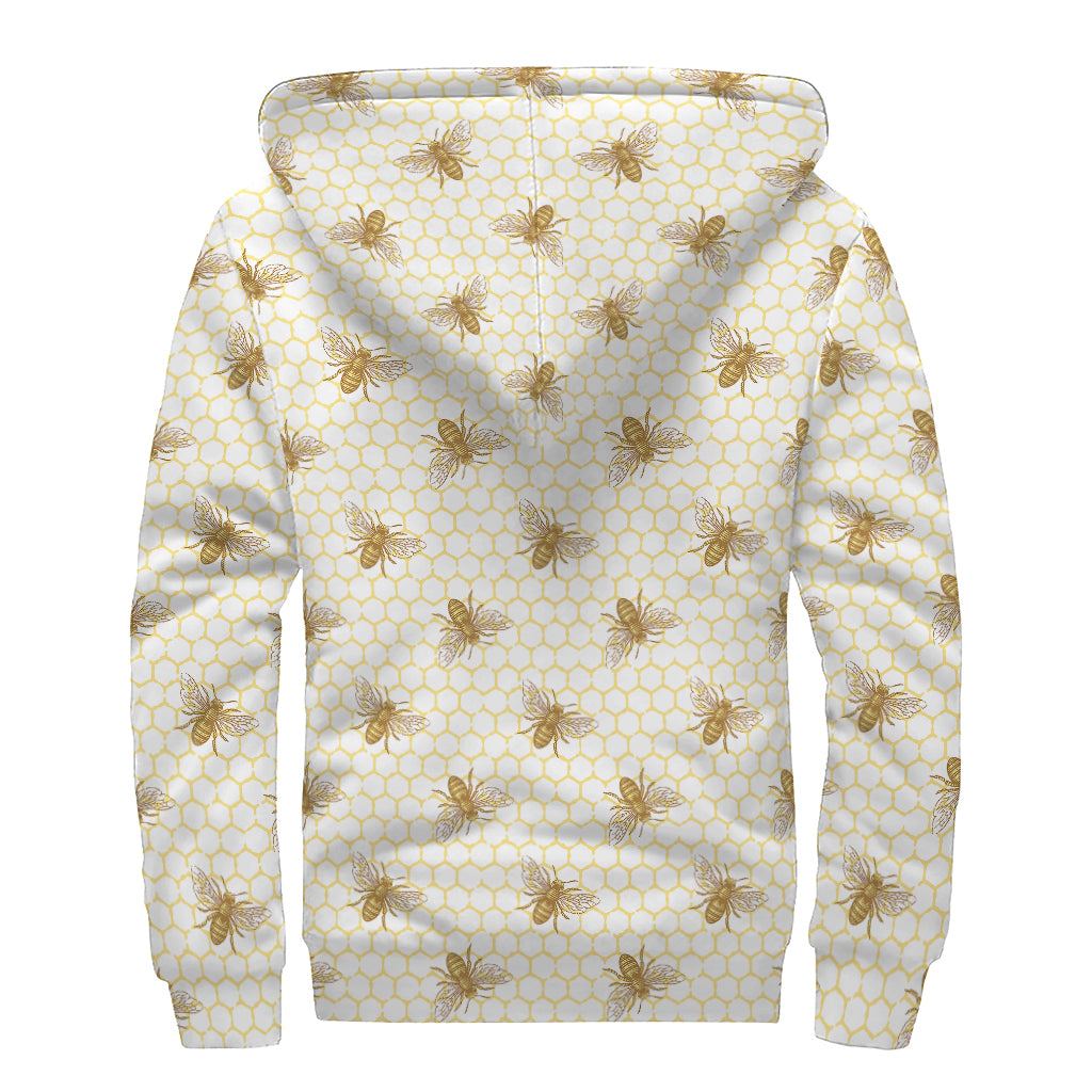 Honey Bee Hive Pattern Print Sherpa Lined Zip Up Hoodie