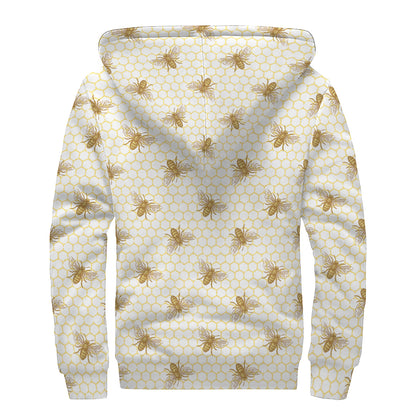 Honey Bee Hive Pattern Print Sherpa Lined Zip Up Hoodie