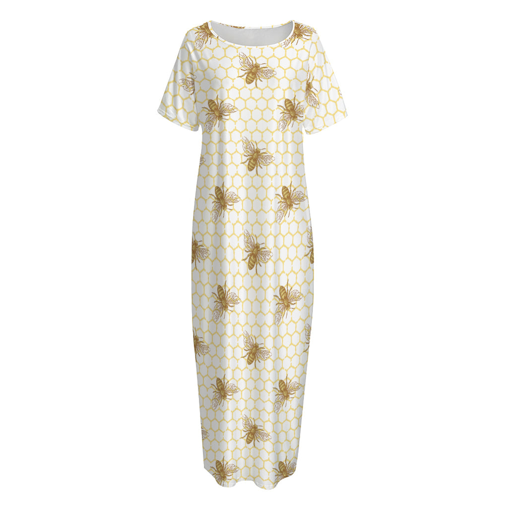 Honey Bee Hive Pattern Print Short Sleeve Long Nightdress