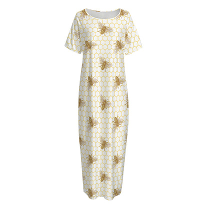 Honey Bee Hive Pattern Print Short Sleeve Long Nightdress