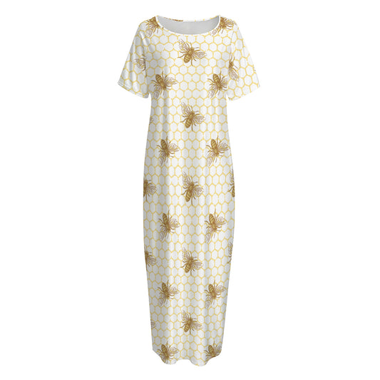 Honey Bee Hive Pattern Print Short Sleeve Long Nightdress