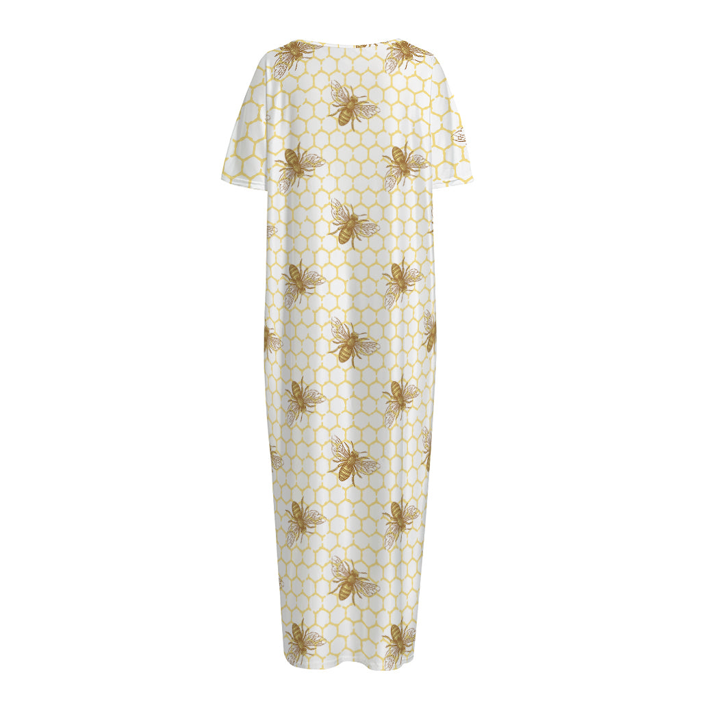 Honey Bee Hive Pattern Print Short Sleeve Long Nightdress