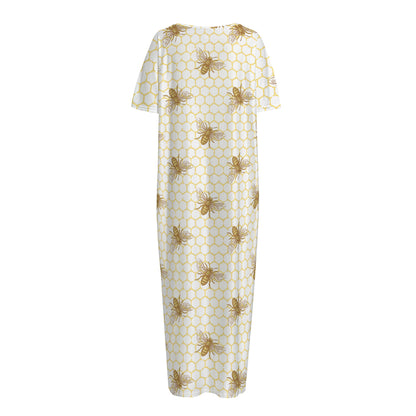 Honey Bee Hive Pattern Print Short Sleeve Long Nightdress
