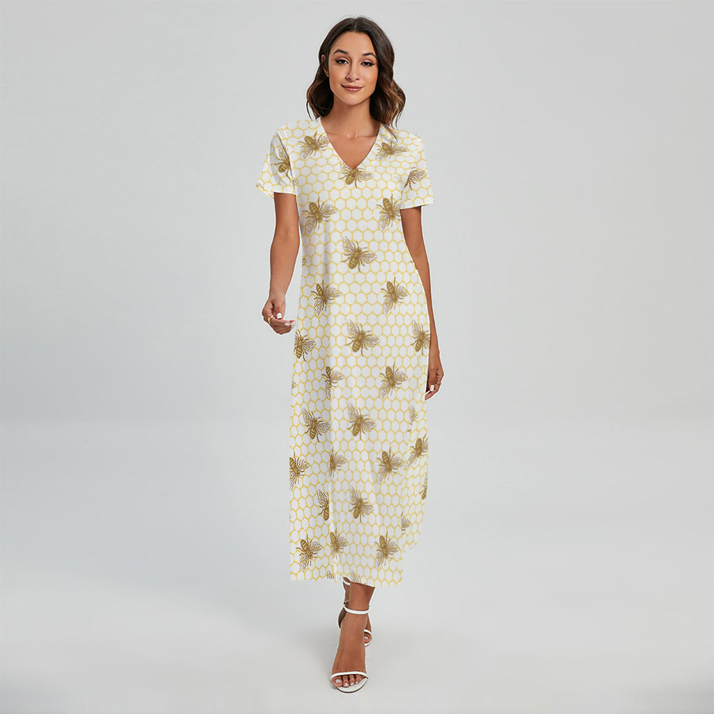 Honey Bee Hive Pattern Print Short Sleeve Maxi Dress