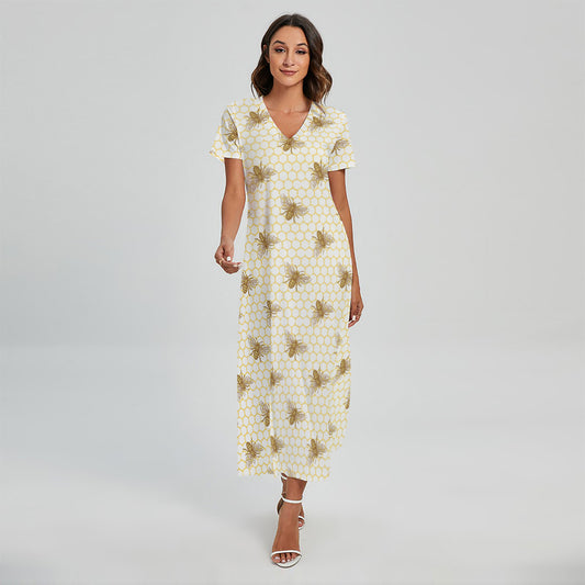 Honey Bee Hive Pattern Print Short Sleeve Maxi Dress