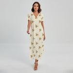 Honey Bee Hive Pattern Print Short Sleeve Maxi Dress