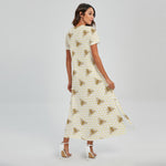 Honey Bee Hive Pattern Print Short Sleeve Maxi Dress