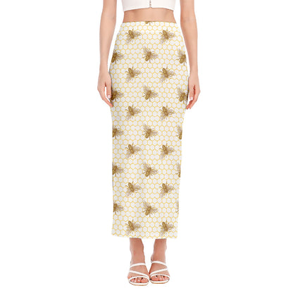 Honey Bee Hive Pattern Print Side Slit Maxi Skirt