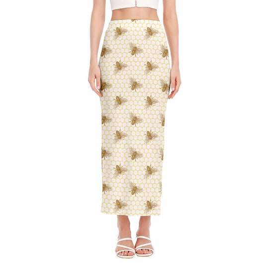 Honey Bee Hive Pattern Print Side Slit Maxi Skirt