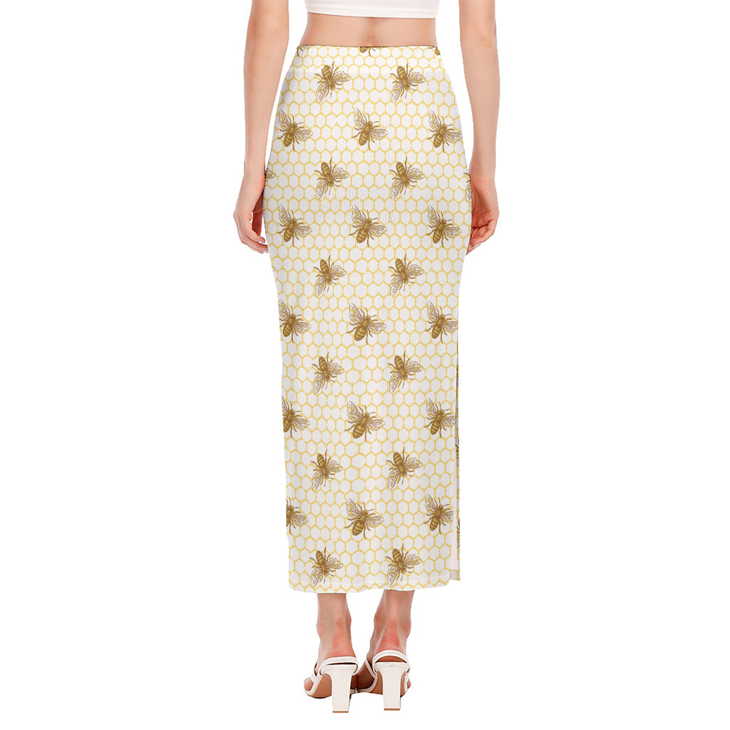 Honey Bee Hive Pattern Print Side Slit Maxi Skirt