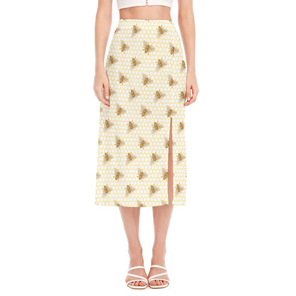 Honey Bee Hive Pattern Print Side Slit Midi Skirt