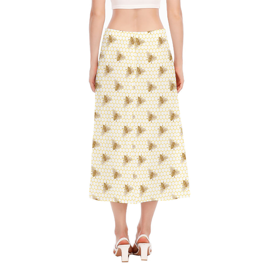 Honey Bee Hive Pattern Print Side Slit Midi Skirt