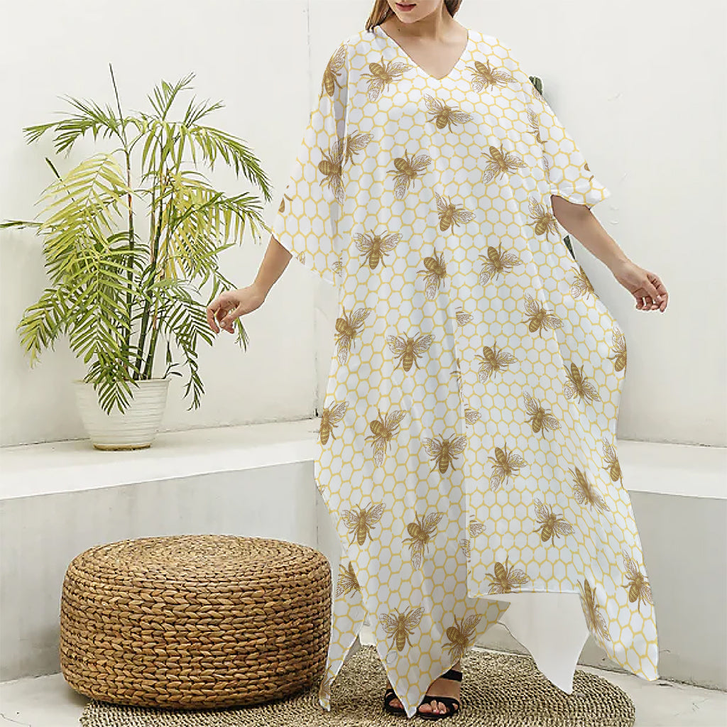 Honey Bee Hive Pattern Print Silk V-Neck Kaftan Dress