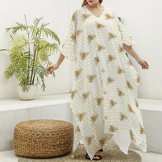Honey Bee Hive Pattern Print Silk V-Neck Kaftan Dress