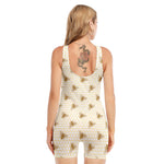 Honey Bee Hive Pattern Print Sleeveless One Piece Swimsuit