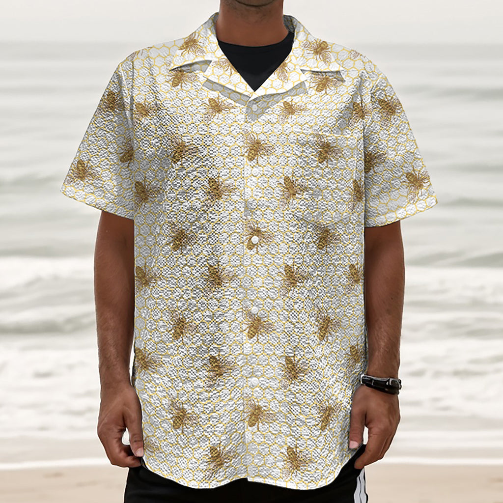 Honey Bee Hive Pattern Print Textured Short Sleeve Shirt