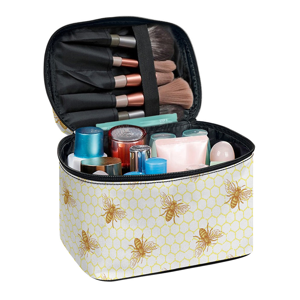 Honey Bee Hive Pattern Print Travel Makeup Bag