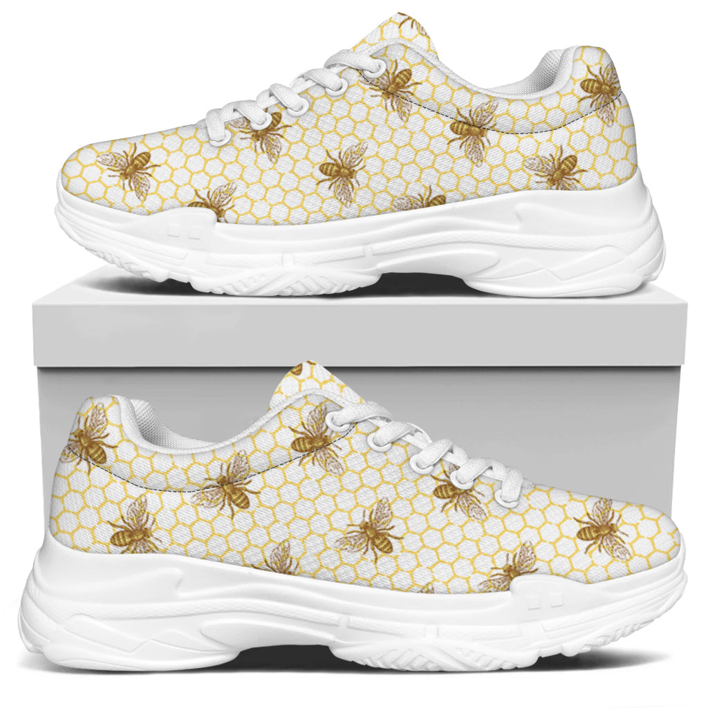 Honey Bee Hive Pattern Print White Chunky Shoes
