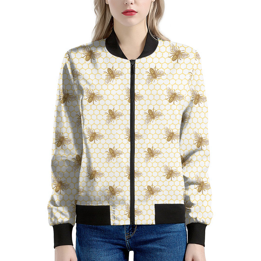 Honey Bee Hive Pattern Print Women's Bomber Jacket