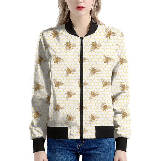 Honey Bee Hive Pattern Print Women's Bomber Jacket
