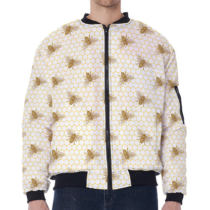 Honey Bee Hive Pattern Print Zip Sleeve Bomber Jacket