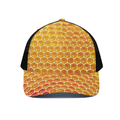 Honey Bee Hive Print Black Mesh Trucker Cap