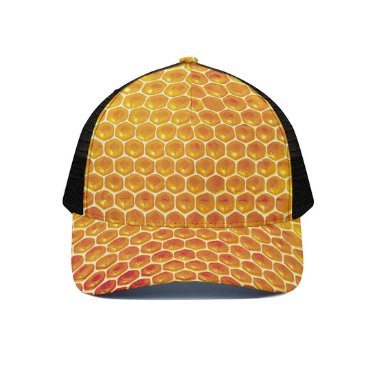 Honey Bee Hive Print Black Mesh Trucker Cap