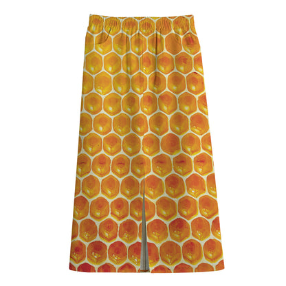 Honey Bee Hive Print Cotton Front Slit Maxi Skirt