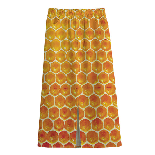 Honey Bee Hive Print Cotton Front Slit Maxi Skirt