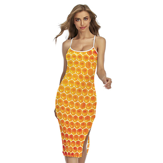 Honey Bee Hive Print Cross Back Cami Dress
