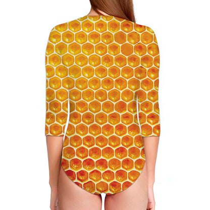 Honey Bee Hive Print Long Sleeve Swimsuit