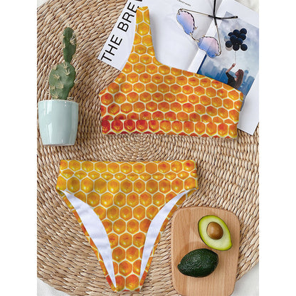 Honey Bee Hive Print One Shoulder Bikini Top