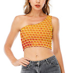 Honey Bee Hive Print One Shoulder Crop Top
