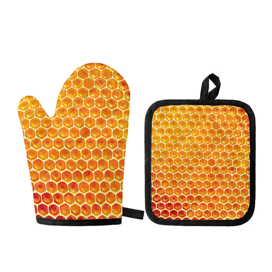 Honey Bee Hive Print Oven Mitt And Pot Holder Set