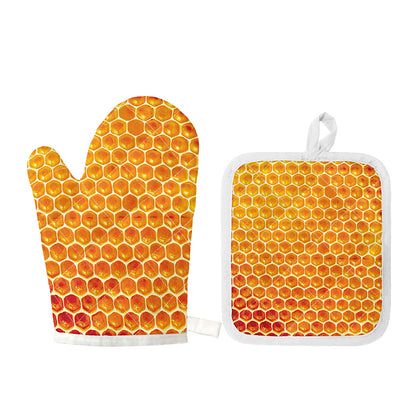 Honey Bee Hive Print Oven Mitt And Pot Holder Set