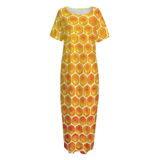 Honey Bee Hive Print Short Sleeve Long Nightdress