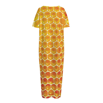 Honey Bee Hive Print Short Sleeve Long Nightdress