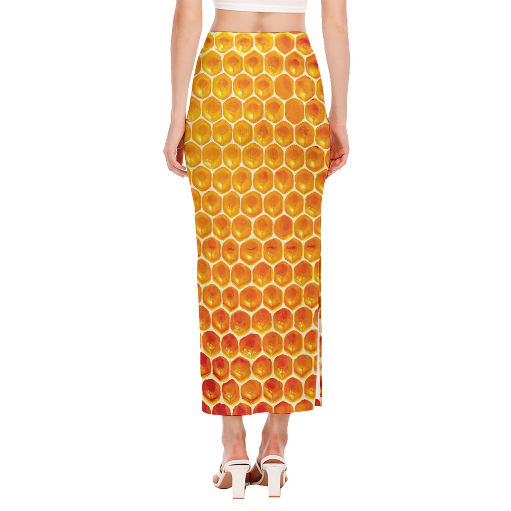 Honey Bee Hive Print Side Slit Maxi Skirt