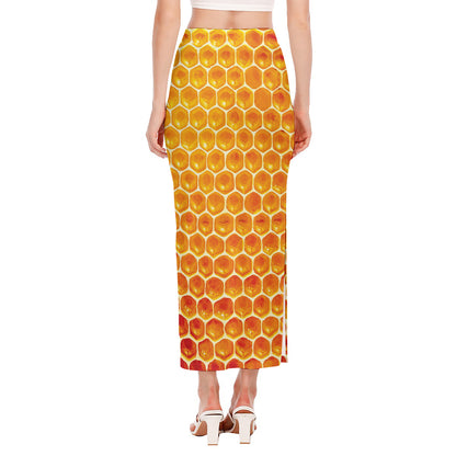 Honey Bee Hive Print Side Slit Maxi Skirt
