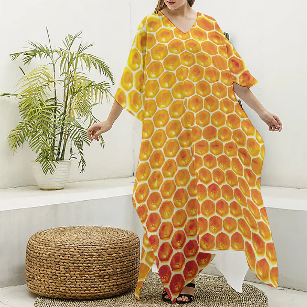 Honey Bee Hive Print Silk V-Neck Kaftan Dress