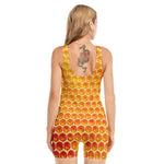 Honey Bee Hive Print Sleeveless One Piece Swimsuit