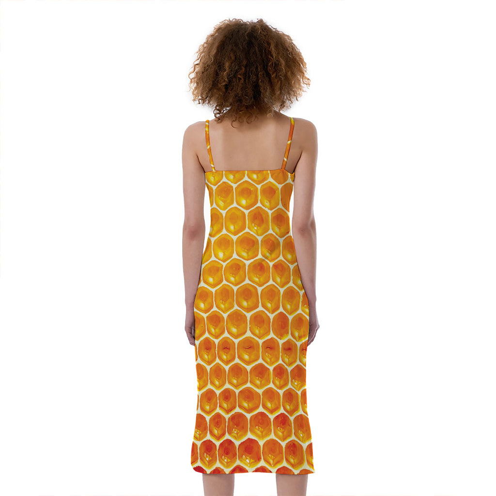 Honey Bee Hive Print Slim Fit Midi Cami Dress