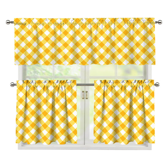 Honey Yellow And White Gingham Print 3 Piece Kitchen Curtains