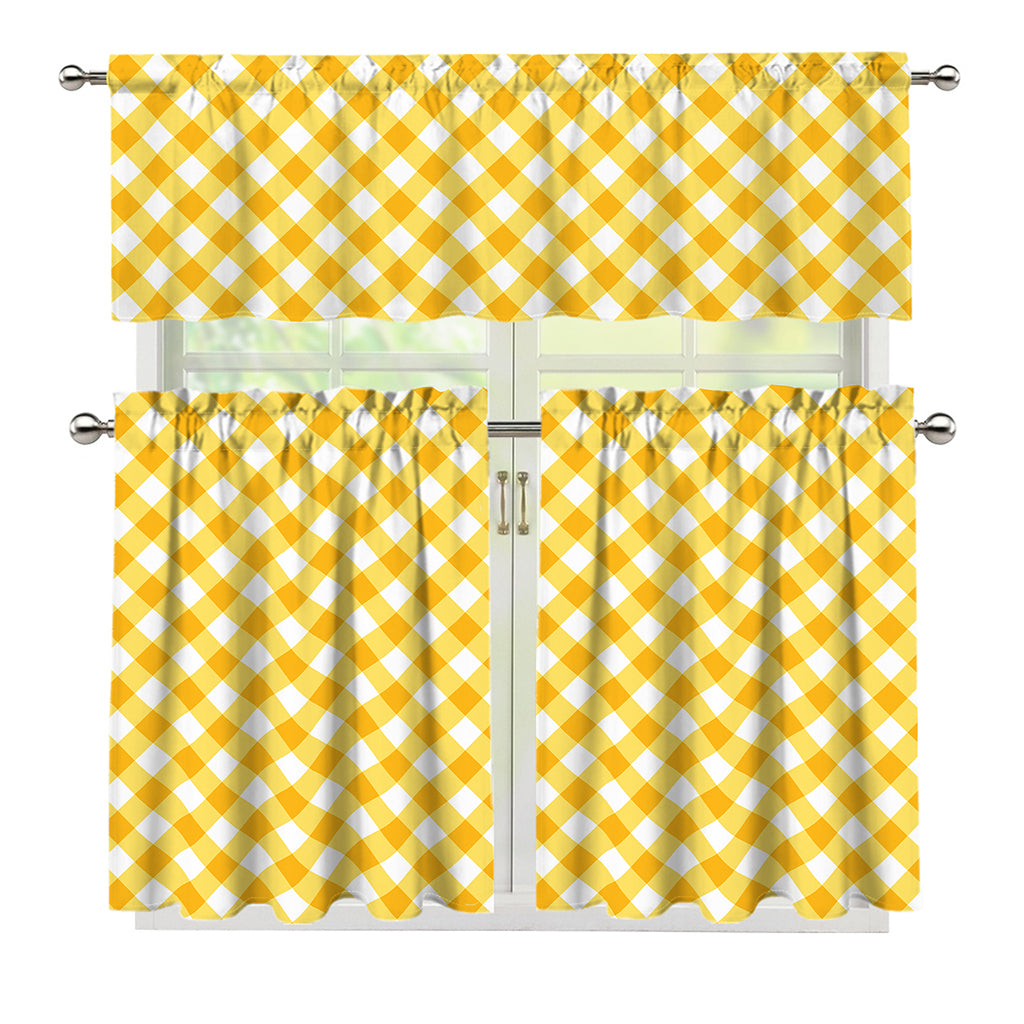 Honey Yellow And White Gingham Print 3 Piece Kitchen Curtains
