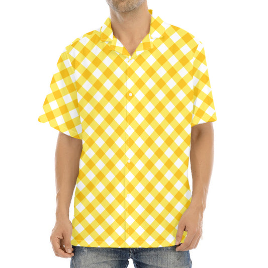 Honey Yellow And White Gingham Print Aloha Shirt