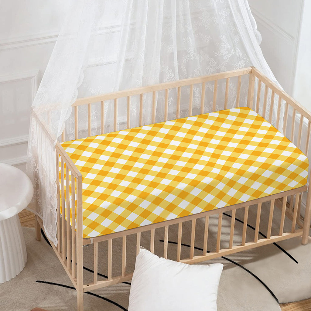 Honey Yellow And White Gingham Print Baby Crib Sheet