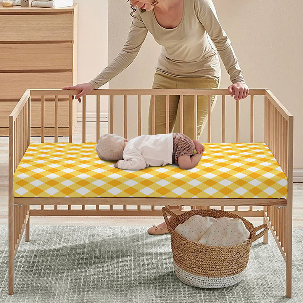 Honey Yellow And White Gingham Print Baby Crib Sheet