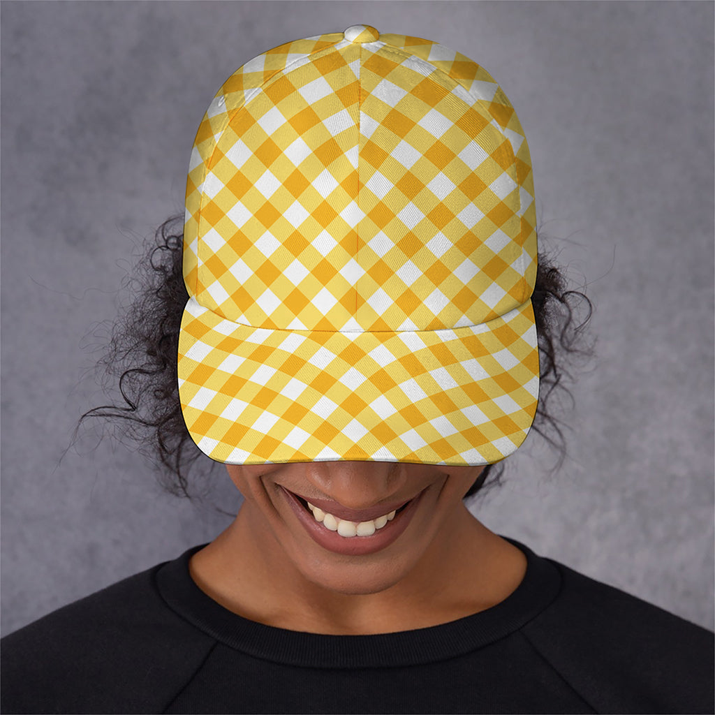 Honey Yellow And White Gingham Print Baseball Cap