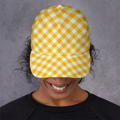 Honey Yellow And White Gingham Print Baseball Cap