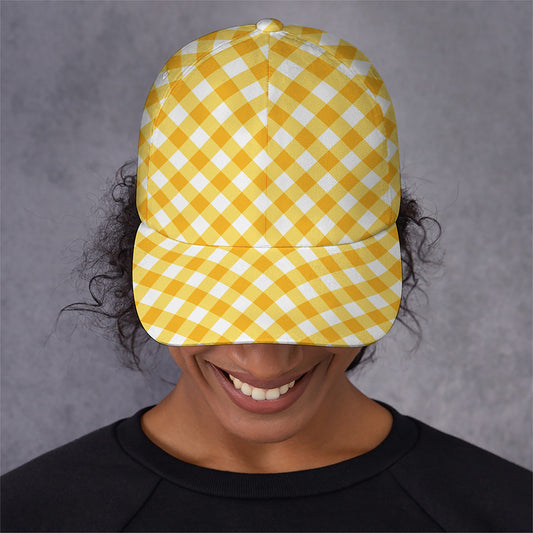Honey Yellow And White Gingham Print Baseball Cap